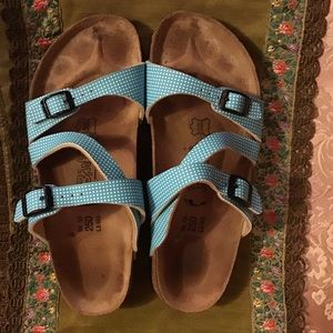 Birkenstock Sandals Blue w white polka dots Eur 39